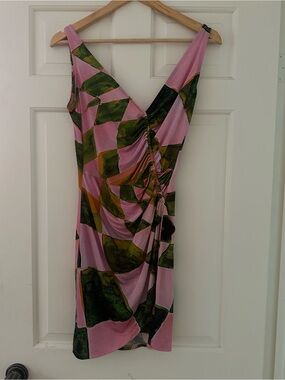Pink & Green Abstract Ruched Wrap Dress